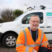 Long-serving engineer Stephen Galloway, Newtownabbey, receive keys to Openreach's first electric van as part of a UK-wide commitment by the digital infrastructure provider to reduce carbon emission and to move all possible vehicles to being electric by 2030.