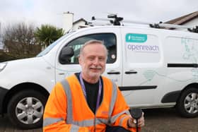 Long-serving engineer Stephen Galloway, Newtownabbey, receive keys to Openreach's first electric van as part of a UK-wide commitment by the digital infrastructure provider to reduce carbon emission and to move all possible vehicles to being electric by 2030.