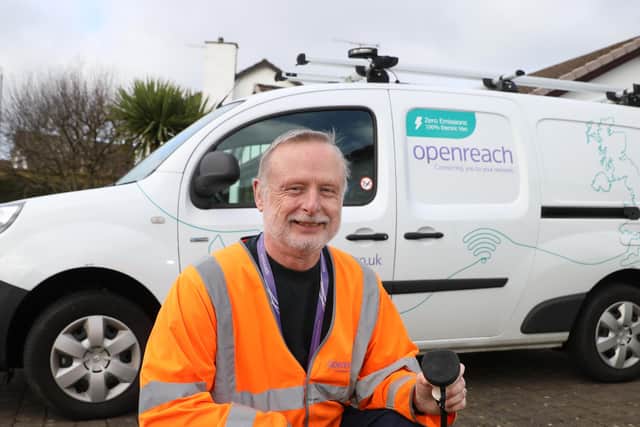 Long-serving engineer Stephen Galloway, Newtownabbey, receive keys to Openreach's first electric van as part of a UK-wide commitment by the digital infrastructure provider to reduce carbon emission and to move all possible vehicles to being electric by 2030.