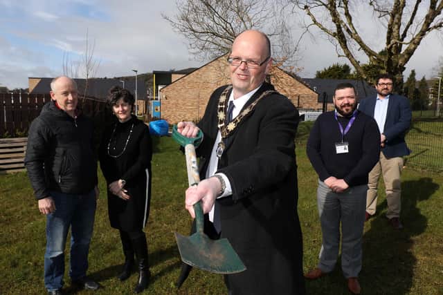 Left to right, Andrew Ferguson and Irene Low, friends of residents, the Mayor, Cllr Jim Montgomery,  Colin Fullerton, scheme manager and Stephen Potter, head of operations