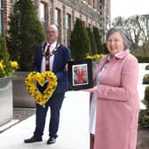Mayor of Antrim and Newtownabbey, Councillor Jim Montgomery , Deputy Mayor, Councillor Noreen McClelland and Brenda Doherty, whose mother Ruth Burke was the first woman to die from Covid-19 in Northern Ireland.