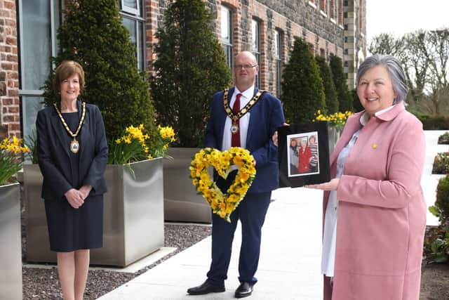 Mayor of Antrim and Newtownabbey, Councillor Jim Montgomery , Deputy Mayor, Councillor Noreen McClelland and Brenda Doherty, whose mother Ruth Burke was the first woman to die from Covid-19 in Northern Ireland.
