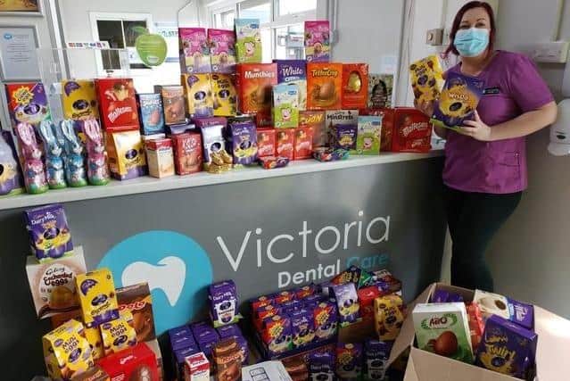 Pictured is Leanne Everest, who along with fellow worker Pauline Mulholland organised the Easter egg project.