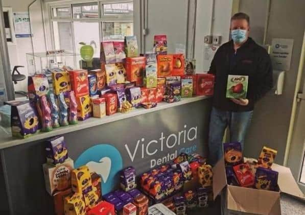 Gerald Degnan received the Easter eggs on behalf of the charity.