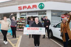 (Back row) Customer Advisors at SPAR Viking Lodge, Hannah Glass and Aaron Baxter with Post Office Manager, Adam McIlroy.  (Front row) SPAR Viking Lodge Customer Advisors Fiona McMurran and Nikole McIntyre with Founder of Hope House, Dawn McConnell.