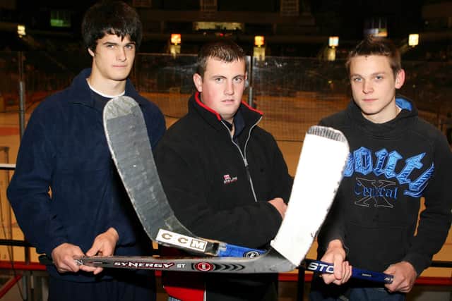 The fifth game of Stena Line’s Giants Challenge for secondary schools was held at the Belfast Giants match against the Cardiff Devils at the Odyssey. The game was between Larne Grammar School and Lagan College, Belfast. Pictured at the Odyssey are (front) l-r: Stuart McIlwaine from Larne Grammar School, Richard Baillie from Stena Line, and Jack Morrow from Lagan College.