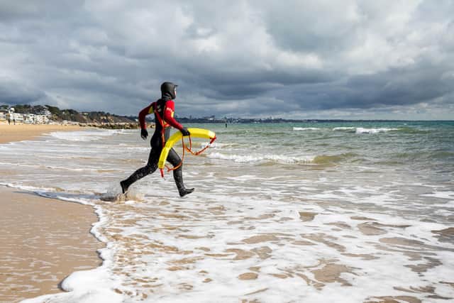 Pre-season lifeguard training taking place at Sandbanks beach in Dorset.