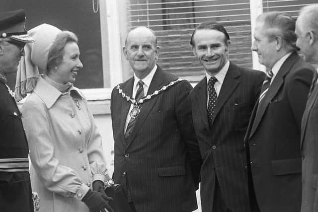 Princess Anne shares a smile with Lisburn Mayor William Belshaw, Industry Minister Adam Butler and MP Jim Kilfedder at Hillsborough Castle in March 1982. Picture: Bob Hamilton/News Letter archives