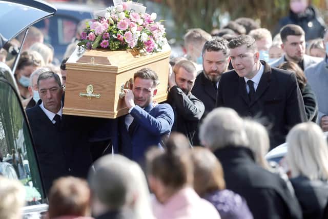 Grief stricken mourners carry the coffin of Stacey Knell during her funeral in Belfast today.
 The 30 year old was stabbed to death by her partner, Ken Flanagan in Newtownabbey, Co. Antrim last weekend. Flanagan also murdered his mother, Karen McClean before killing himself.
PICTURE BY STEPHEN DAVISON