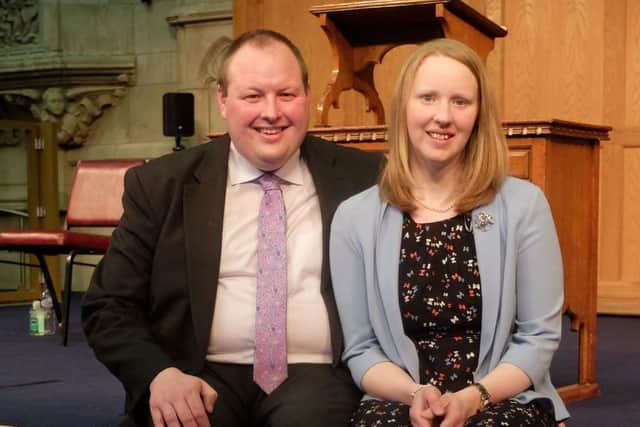 Pictured in the Assembly Hall of the Presbyterian Church in Ireland’s headquarters in Belfast, after his ordination are Rev Campbell Mulvenny and his wife Rachel