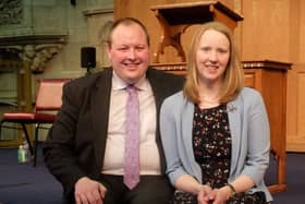 Pictured in the Assembly Hall of the Presbyterian Church in Ireland’s headquarters in Belfast, after his ordination are Rev Campbell Mulvenny and his wife Rachel