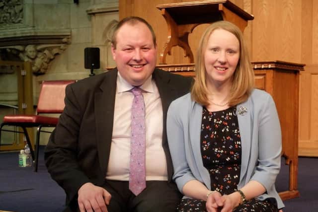 Pictured in the Assembly Hall of the Presbyterian Church in Ireland’s headquarters in Belfast, after his ordination are Rev Campbell Mulvenny and his wife Rachel