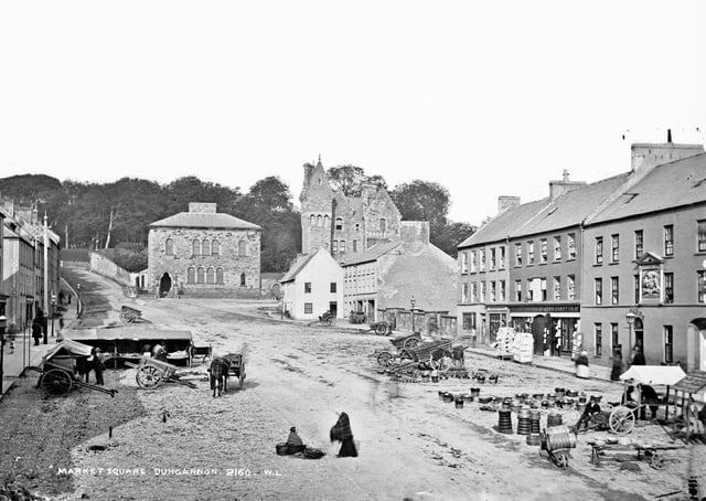 This is beautiful old photograph of the Market Square in Dungannon, Co Tyrone from the archives of the National Library of Ireland. It shows traders set up in anticipation of sales to the people who must surely come to the market. Catalogue range circa 1865-1914. Definitely after 1871 (tower). And before 1891 (post office) Likely circa1800 (businesses). NLI Ref: L_CAB_02160. Picture: National Library of Ireland