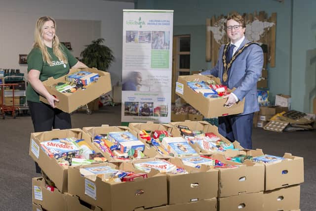 Mayor Nicholas Trimble with Lynsey Agnew from Lisburn Foodbank, the Mayor's charity for the year