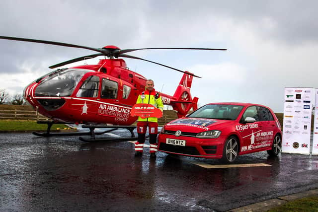 This 2016 Volkswagen Golf R has been secured by the Ballymoney Osborne family, whose son Simon needed the Helicopter Emergency Medical Service team in 2019 and since then have been passionate fundraisers of Air Ambulance NI. Having missed their usual fundraising events due to Covid-19, the family came up with the idea of a charity car competition. Almost 80 key donors have covered the full cost of the car and ticket entries will benefit the charity. Entry to the competition is now available at www.cmcompetitionsni.co.uk with each ticket costing £15. Here Glenn O'Rorke, Air Ambulance NI Operational Lead, launches the Osborne Car Competition alongside the helicopter at the Air Ambulance NI base.