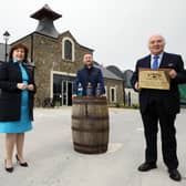 Economy Minister, Diane Dodds pictured with Dr Terry Cross OBE, Chairman, Hinch Distillery and  Aaron Flaherty, Head Distiller, Hinch Distillery.  Photo by Kelvin Boyes / Press Eye.