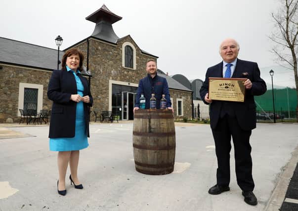 Economy Minister, Diane Dodds pictured with Dr Terry Cross OBE, Chairman, Hinch Distillery and  Aaron Flaherty, Head Distiller, Hinch Distillery.  Photo by Kelvin Boyes / Press Eye.