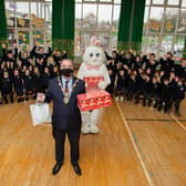 Londonderry Mayor Brian Tierney and the Easter Bunny bring delight to years 5-6 children at Strabane Controlled Primary School in recognition of their artistic abilities.