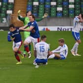 Jordan Stewart scored a first-half double as Linfield defeated Coleraine at Windsor Park. Pic by Pacemaker.