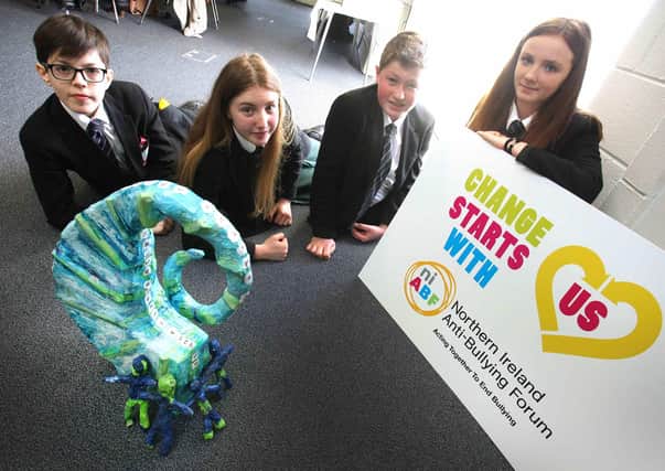 Pictured are (l-r) Faustas Gec, Madison Cairns, Charlie Anderson, and Jessica Boal from New-Bridge Intergated College, Runner-up in the Primary Y8 – P10 Art Category of the anti-bullying creative competition.