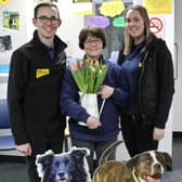 Marbeth Gilmour, Assistant Manager at Dogs Trust’s Rehoming Centre in Ballymena, is celebrating 30 years at the charity. She is pictured with Conor O’Kane, Rehoming Centre Manager at Dogs Trust Ballymena, and Sara Park