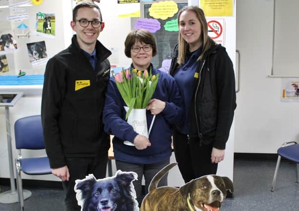 Marbeth Gilmour, Assistant Manager at Dogs Trust’s Rehoming Centre in Ballymena, is celebrating 30 years at the charity. She is pictured with Conor O’Kane, Rehoming Centre Manager at Dogs Trust Ballymena, and Sara Park