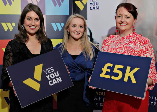 Yes You Can Pitching Competition winner Clare Caughey(right) of Sensations Nest, pictured with event host Sarah Travers and Nicky Scott Head of Programs at WiB, at the Be Bold Annual Female Enterprise Conference