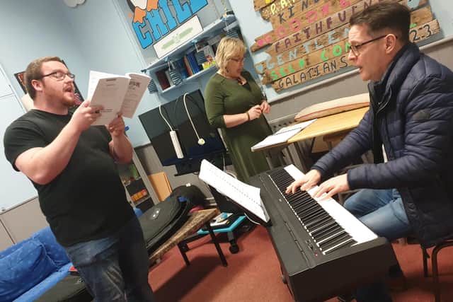 Musical Director Terry Cloughley in rehearsal with Papa and Mama Shrek Aaron Jamieson and Sandra McElhinney