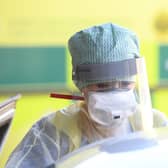 An Emergency Department Nurse during a demonstration of the Coronavirus pod and COVID-19 virus testing procedures set-up beside the Emergency Department of Antrim Area Hospital, Co Antrim in Northern Ireland