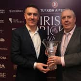 Paul Reilly of Clear Currency presents the Clear Currency Volunteering Excellence Award to Robert Lofty McGonigle during the Turkish Airlines Irish Cricket Awards 2020 at The Marker Hotel in Dublin.