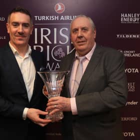 Paul Reilly of Clear Currency presents the Clear Currency Volunteering Excellence Award to Robert Lofty McGonigle during the Turkish Airlines Irish Cricket Awards 2020 at The Marker Hotel in Dublin.