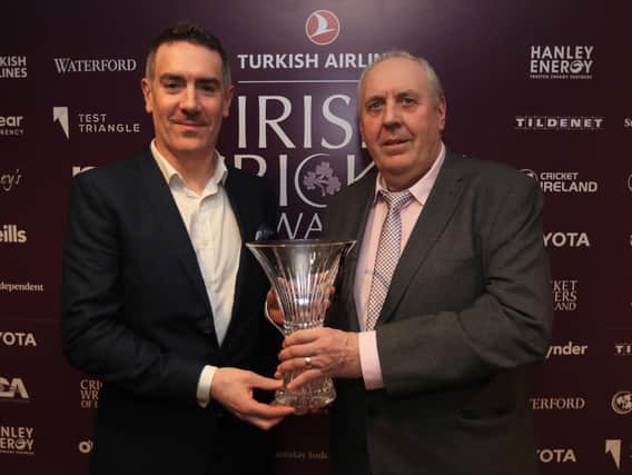 Paul Reilly of Clear Currency presents the Clear Currency Volunteering Excellence Award to Robert Lofty McGonigle during the Turkish Airlines Irish Cricket Awards 2020 at The Marker Hotel in Dublin.