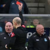 Ballymena United manager David Jeffrey is shown a red card by referee Steven Gregg against Coleraine on March 7. Pic by INPHO.