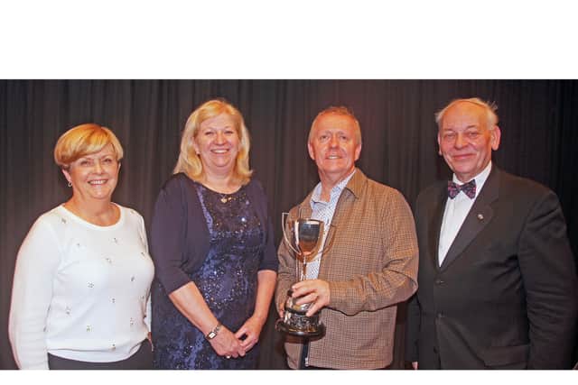 Ballymoney Drama Festival 2020 Overall Winners Award. (left to right): Sharon Flynn, Committee Secretary, Adjudicator,Jennifer Scott-Reid, Mark Hughes of Newpoint Players holding the Committe Cup for the overall winning play, "The History of Mary K" and Mac Polock, Festival Chairman.