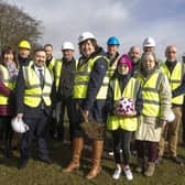 Mayor of Mid and East Antrim, Councillor Maureen Morrow, cuts the first sod at the site of the new Pavilion.