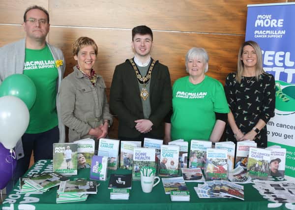 The Mayor of Causeway Coast and Glens Borough Council Councillor Sean Bateson pictured at the official launch of the Macmillan Move More project in Causeway Coast and Glens with Move More participants David Gibbs, Kay Hack and Paula Mulholland along with Catherine Bell-Allen, Causeway Coast and Glens Move More Coordinator