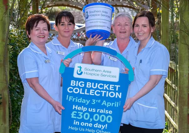 Staff from Southern Area Hospice are pictured launching their ‘Big Bucket Collection’