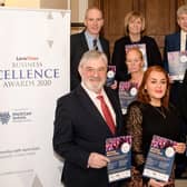 Launching the Larne Times Business Excellence Awards at Larne Town Hall are: (front) Dr Norman Apsley, chair, LEDCOM, Anne Donaghy, chief executive, Mid and East Antrim Borough Council and Lyn Kernohan,  sales executive, Larne Times;  (centre) Gail Kelly, MEA Council and Niall Curneen, Brighter Futures, general manager, Larne Football Club; (back) Terry Ferry, Larne Times editorial, Judith Tweed, director, Islandmagee Energy and David Gillespie, general manager, LEDCOM.