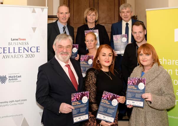 Launching the Larne Times Business Excellence Awards at Larne Town Hall are: (front) Dr Norman Apsley, chair, LEDCOM, Anne Donaghy, chief executive, Mid and East Antrim Borough Council and Lyn Kernohan, sales executive, Larne Times; (centre) Gail Kelly, MEA Council and Niall Curneen, Brighter Futures, general manager, Larne Football Club; (back) Terry Ferry, Larne Times editorial, Judith Tweed, director, Islandmagee Energy and David Gillespie, general manager, LEDCOM.