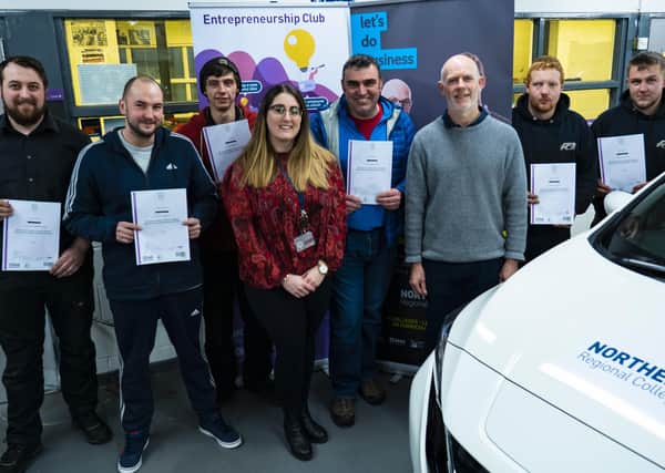 Mechanics from a number of local businesses who recently completed an Institute of the Motor Industry Level 2 Award in Electric/Hybrid Vehicles Routine Maintenance Activities at Northern Regional College’s Newtownabbey campus.