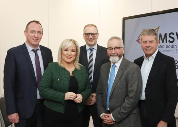 Cr Cathal Mallaghan with DFM Michelle ONeill, ABC CE Roger Wilson, Prof Gordon Matheson and Cr Robert Irvine