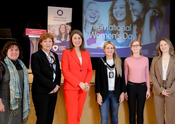 Lord Mayor of Armagh City, Banbridge and Craigavon, Councillor Mealla Campbell with event compere Sarah Travers, guest speakers Dr Kathy Ruddy, Vessie Ivanova, Wilma Erskine, OBE and Policy and Diversity Officer, Mary Hanna
