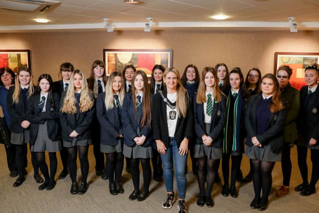 Students from Lismore Comprehensive pictured at the recent International Women’s Day event, held at Craigavon Civic and Conference Centre