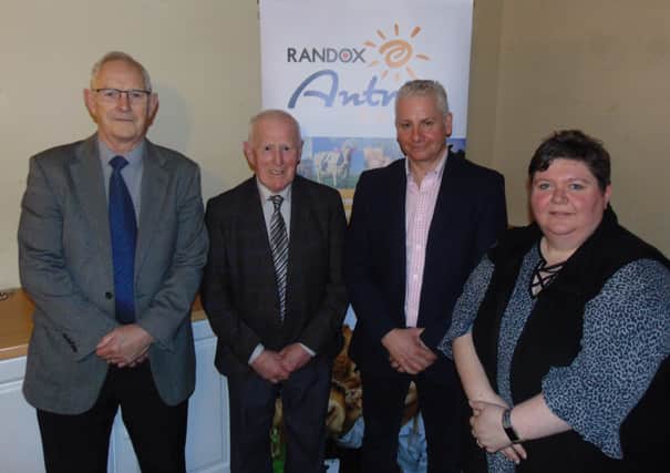 Pictured (second from right) is guest speaker at Antrim Agricultural Society’s AGM, Adrian Morrow, Estate Manager at Glenarm Castle, with office bearers (from left) Brian Hunter, Treasurer, Robert Wallace, Chairman, and Patricia Pedlow, Secretary.  Photo: Karen Wallace