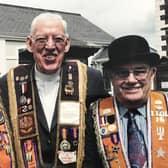 Mervyn Storey MLA with Dr Paisley and Sam McConaghie, following a service in St James Presbyterian Church to mark the 100th anniversary of the Independent Orange Institution in 2008