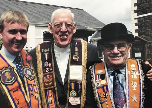 Mervyn Storey MLA with Dr Paisley and Sam McConaghie, following a service in St James Presbyterian Church to mark the 100th anniversary of the Independent Orange Institution in 2008