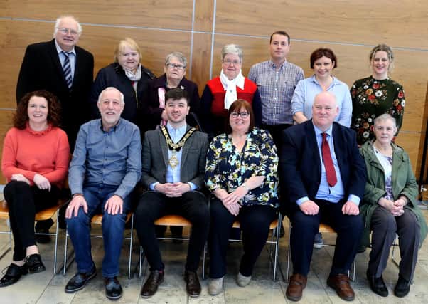 Members of Stranocum, Rasharkin and Ballybogey Community Centres including Fiona McDowell, Jimmy Culbertson, Marcus Porter, Annette Wiggins, Alma Murphy and Sean Hanna pictured with the Mayor of Causeway Coast and Glens Borough Council Councillor Sean Bateson and Council Officers at a recent reception in Cloonavin