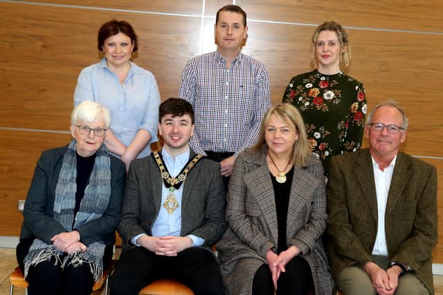 Pictured at a recent reception for community centre volunteers are, front row l-r Anne Clyde MBE, the Mayor of Causeway Coast and Glens Borough Council Councillor Sean Bateson, Claire Millar and Bill Weir from Garvagh Development Trust, back row l-r, Adele McCloskey, Community Development, Michael O’Brien, Sport and Wellbeing and Catherine Farrimond, Community Development