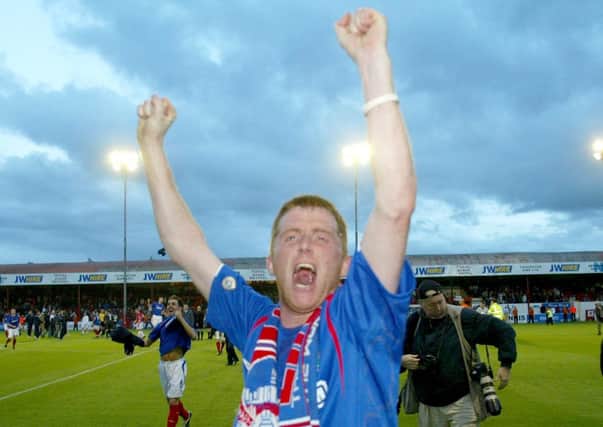 Darren Murphy celebrates Linfield's Setanta Cup final triumph over Shelbourne in 2005. Pic by INPHO.