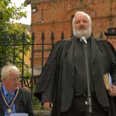 Rev Ivan McKnight leading the service to unveil and dedicate additional names on Dromore war memorial in June 2007.